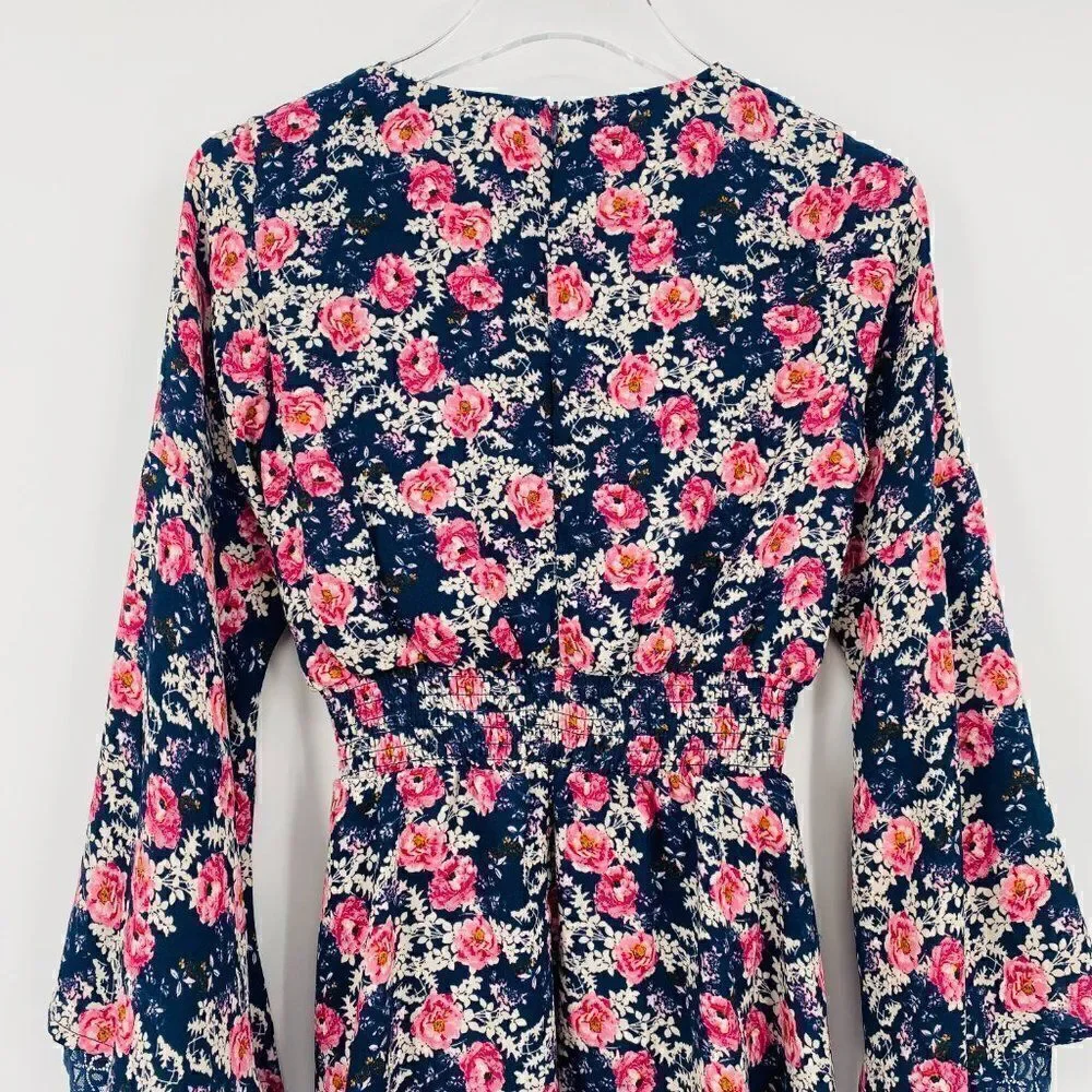 Altar'd State Size XS Navy Blue & Pink Floral Claudine Bell Sleeve Boho Dress - Picture 8 of 10
